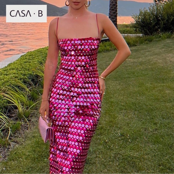 NEW to CASA B | Zephyr Sequin Midi Dress in Fuchsia Pink - Picture 2 of 12